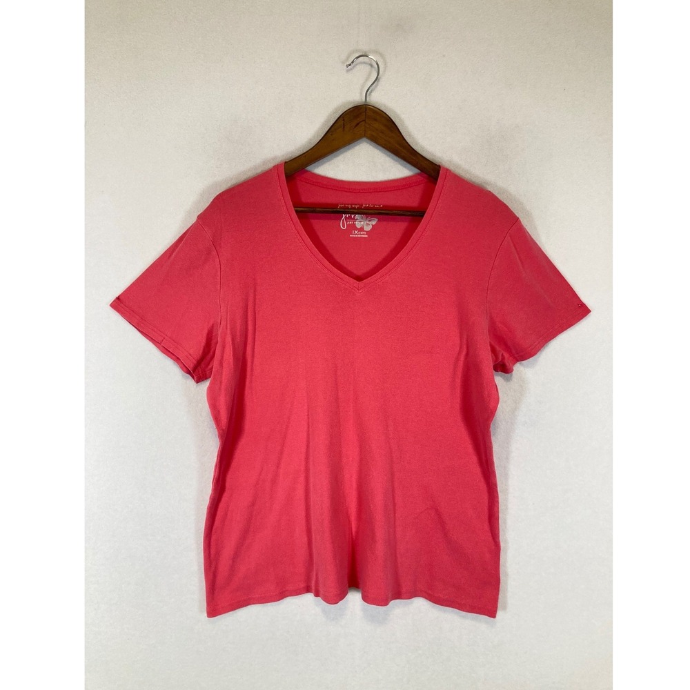 Casual Just My Size‎ Women 1X Coral Pink V-Neck 100% Cotton Short Sleeve Tee
